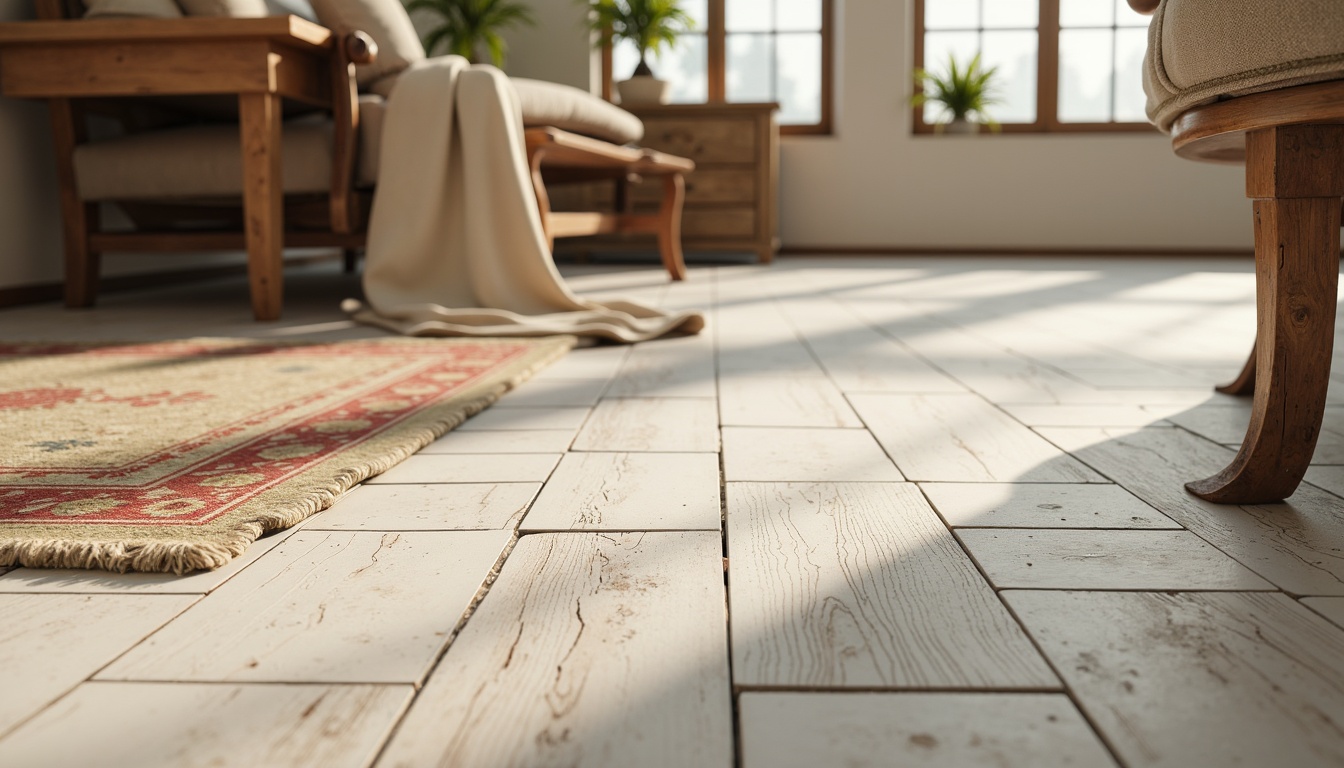 Prompt: Distressed wood flooring, vintage rug patterns, soft pastel colors, worn stone tiles, faded linen textiles, antique furniture legs, rustic wooden planks, aged metal accents, warm beige tones, cozy atmosphere, natural light filtering, shallow depth of field, 1/1 composition, realistic textures, ambient occlusion.