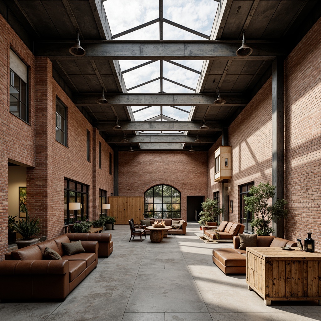 Prompt: Exposed brick walls, reclaimed wood accents, industrial metal beams, polished concrete floors, rustic wooden crates, vintage manufacturing equipment, distressed leather furniture, earthy color palette, natural textiles, ample skylights, soft diffused lighting, shallow depth of field, 1/2 composition, atmospheric perspective, realistic worn edges, subtle film grain.