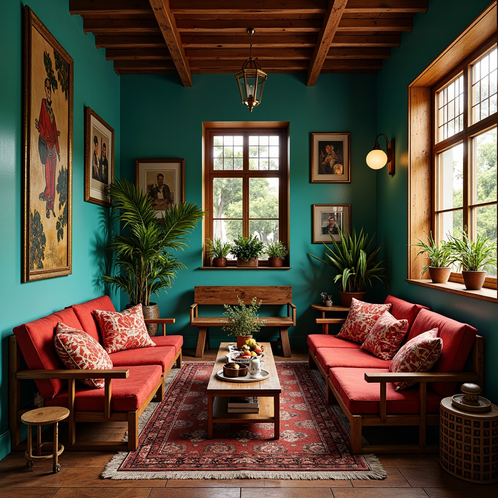 Prompt: Vibrant bohemian living room, rich turquoise walls, bold red accents, distressed wooden furniture, plush velvet fabrics, intricate Moroccan tiles, eclectic art pieces, vintage decorative items, lush greenery, natural light pouring through stained glass windows, warm golden lighting, soft focus, shallow depth of field, 1/2 composition, realistic textures, ambient occlusion.