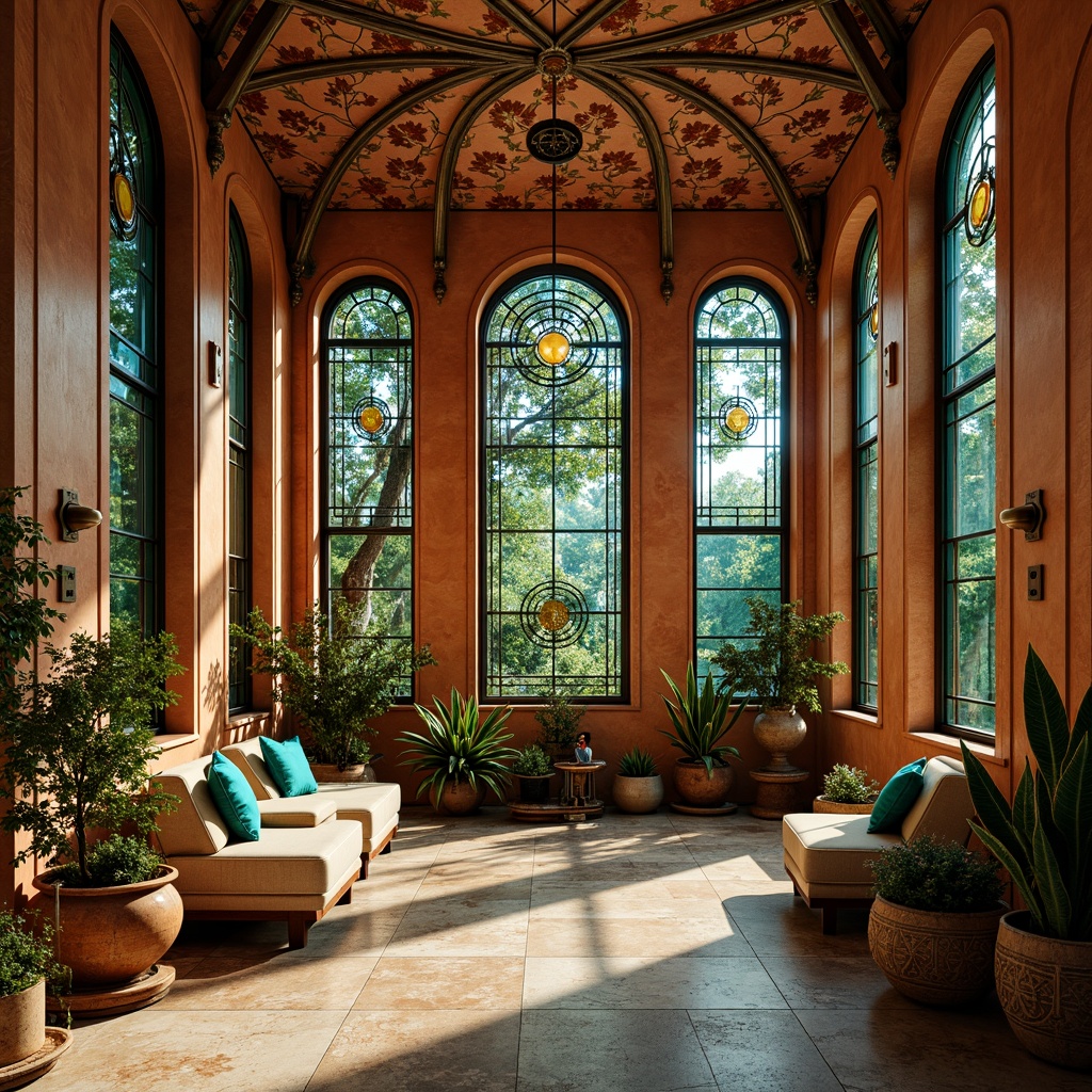 Prompt: Vibrant turquoise accents, earthy terracotta walls, ornate bronze fixtures, stained glass windows, flowing organic lines, intricate botanical patterns, rich walnut wood tones, whimsical curves, natural stone flooring, ornamental ironwork, mystical symbolic motifs, warm golden lighting, shallow depth of field, 2/3 composition, panoramic view, realistic textures, ambient occlusion.