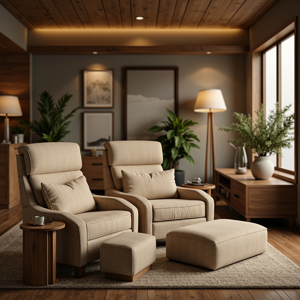 Prompt: Cozy living room, plush sofas, oversized armchairs, soft velvety textures, warm beige tones, natural wood accents, comfortable cushioning, adjustable backrests, built-in footstools, ambient warm lighting, floor lamps, table lamps, greenery, potted plants, tranquil atmosphere, serene color palette, 1/1 composition, shallow depth of field, realistic renderings, soft focus effect.