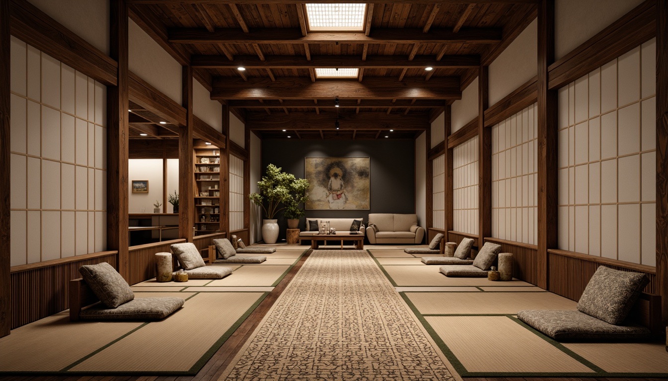 Prompt: Traditional Japanese tatami mats, dark hardwood flooring, polished wood accents, natural stone pathways, intricately patterned rugs, woven bamboo surfaces, distressed wooden planks, earthy tone ceramic tiles, minimalist modern design, subtle texture contrasts, warm soft lighting, shallow depth of field, 1/1 composition, realistic wood grain textures.