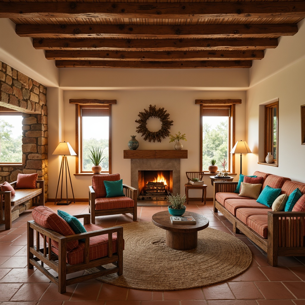 Prompt: Southwestern style interior, warm earthy tones, natural materials, rustic wooden furniture, woven textiles, vibrant turquoise accents, clay pottery decorations, traditional Native American patterns, soft warm lighting, table lamps with natural linen shades, floor lamps with wooden tripods, warm beige walls, creamy white ceilings, terracotta floors, cozy reading nooks, comfortable plush sofas, ambient occlusion, softbox lights, 1/1 composition, shallow depth of field, realistic textures.