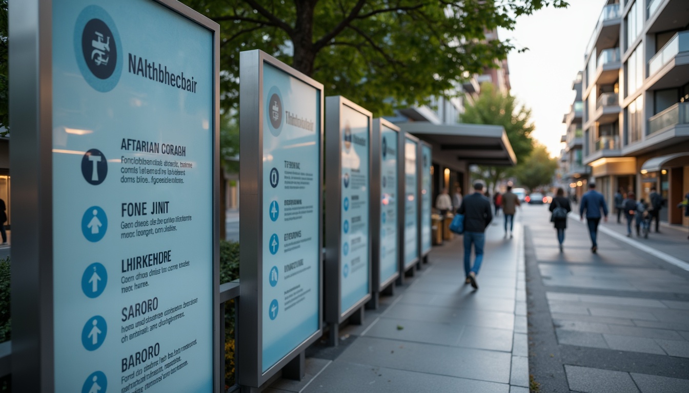 Prompt: Clear glass signage, modern sans-serif fonts, bright LED backlighting, sleek metal frames, directional arrows, concise information, intuitive layouts, high-contrast color schemes, accessible font sizes, wheelchair-accessible routes, pedestrian paths, bike lanes, public transportation hubs, urban landscapes, busy streets, morning commute, soft natural lighting, shallow depth of field, 1/2 composition, realistic textures, ambient occlusion.