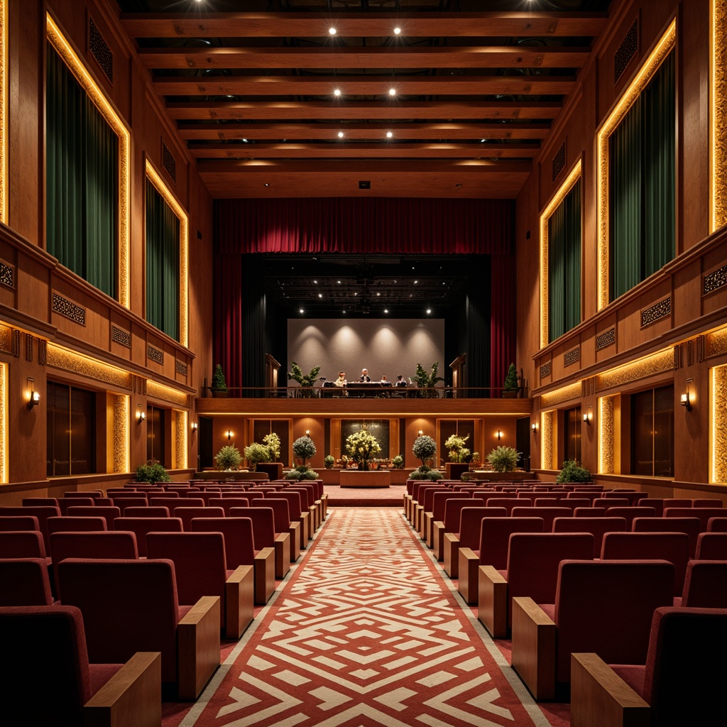 Prompt: Luxurious theater interior, rich wood accents, plush velvet seats, ornate golden trimmings, sound-absorbing acoustic panels, geometric patterned rugs, dimmable LED lighting, intimate stage setting, live performance atmosphere, warm neutral color scheme, contemporary minimalist design, sleek metallic frames, high ceilings, spacious auditorium, premium fabric upholstery, subtle ambient noise reduction.