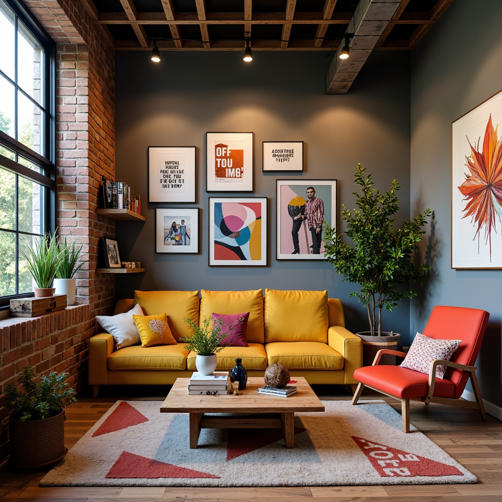 Prompt: Vibrant design studio, modern artistic space, eclectic furniture pieces, bold color accents, creative inspirational quotes, abstract artwork, natural wood textures, industrial metal elements, minimalist decor, soft warm lighting, 1/2 composition, shallow depth of field, realistic renderings, ambient occlusion.