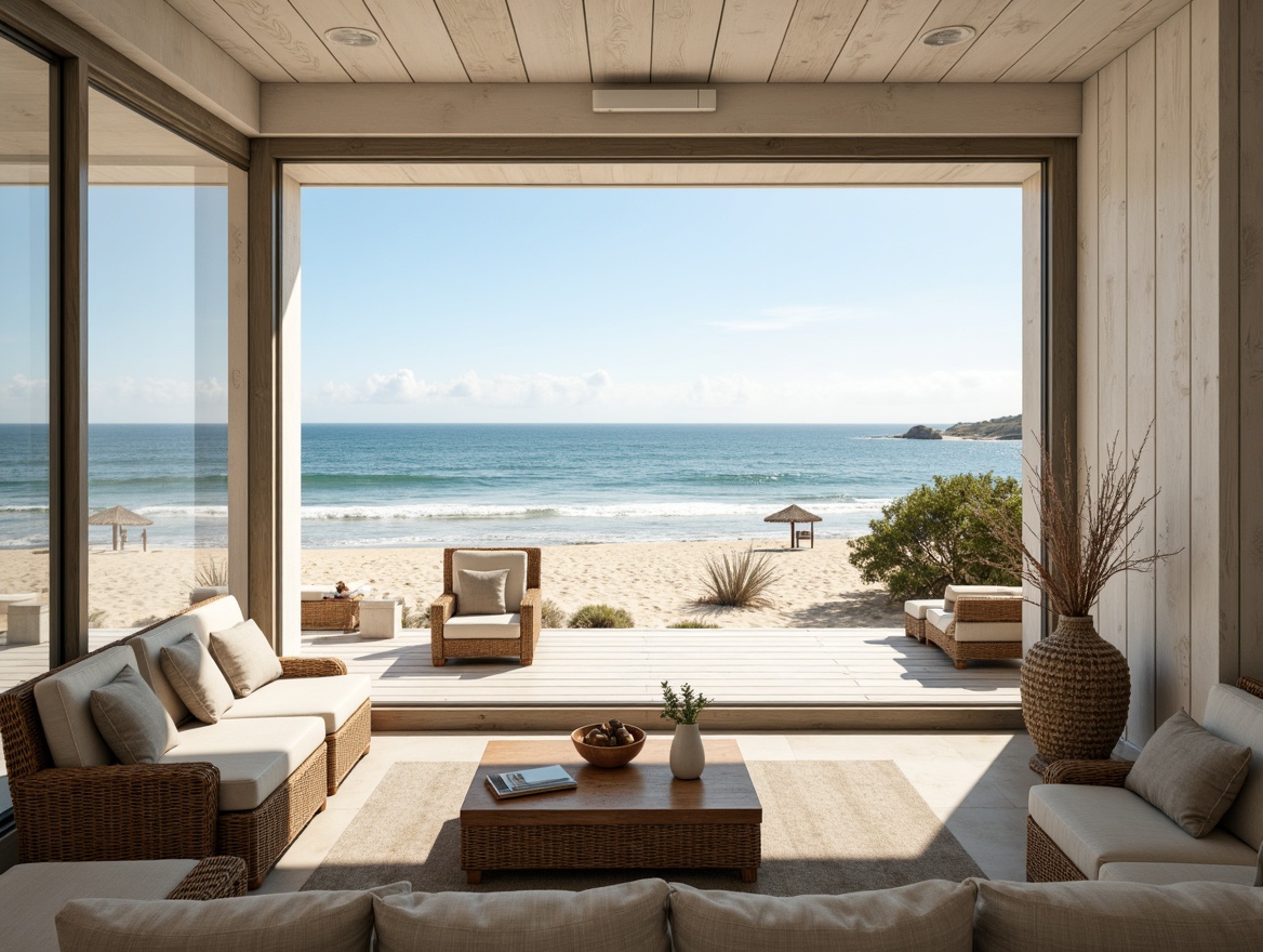 Prompt: Serene oceanfront, soft sandy beach, gentle waves, salty air, driftwood accents, natural textiles, woven wicker furniture, whitewashed wood panels, minimalist decor, floor-to-ceiling windows, sliding glass doors, panoramic coastal views, warm sunny day, soft warm lighting, shallow depth of field, 3/4 composition, realistic textures, ambient occlusion.Let me know if you need any adjustments!