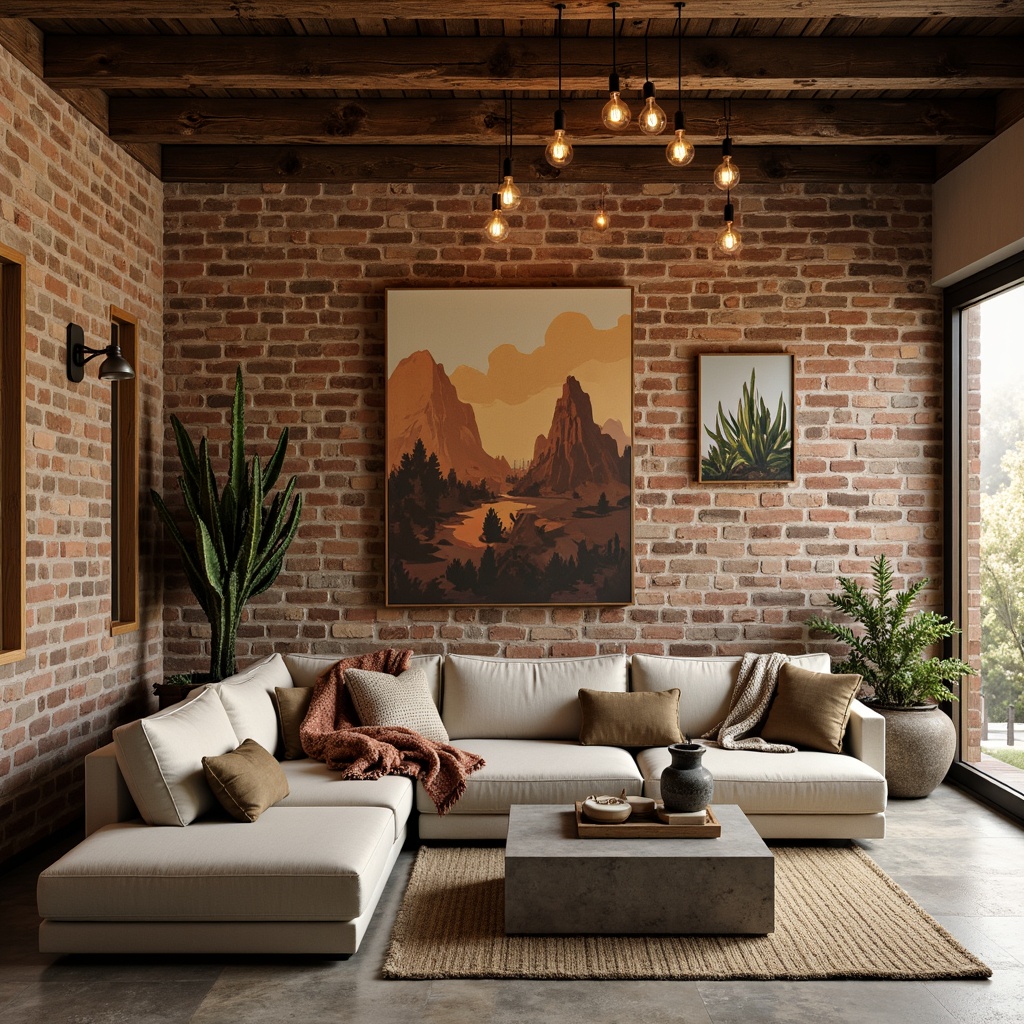 Prompt: Rustic southwestern living room, exposed brick walls, reclaimed wood accents, industrial metal beams, vintage factory lights, woven textiles, earthy color palette, natural stone flooring, potted cacti, abstract artwork, minimalist decor, modern sectional sofa, concrete coffee table, Edison bulb pendant lighting, warm cozy ambiance, shallow depth of field, 1/2 composition, soft warm glow.