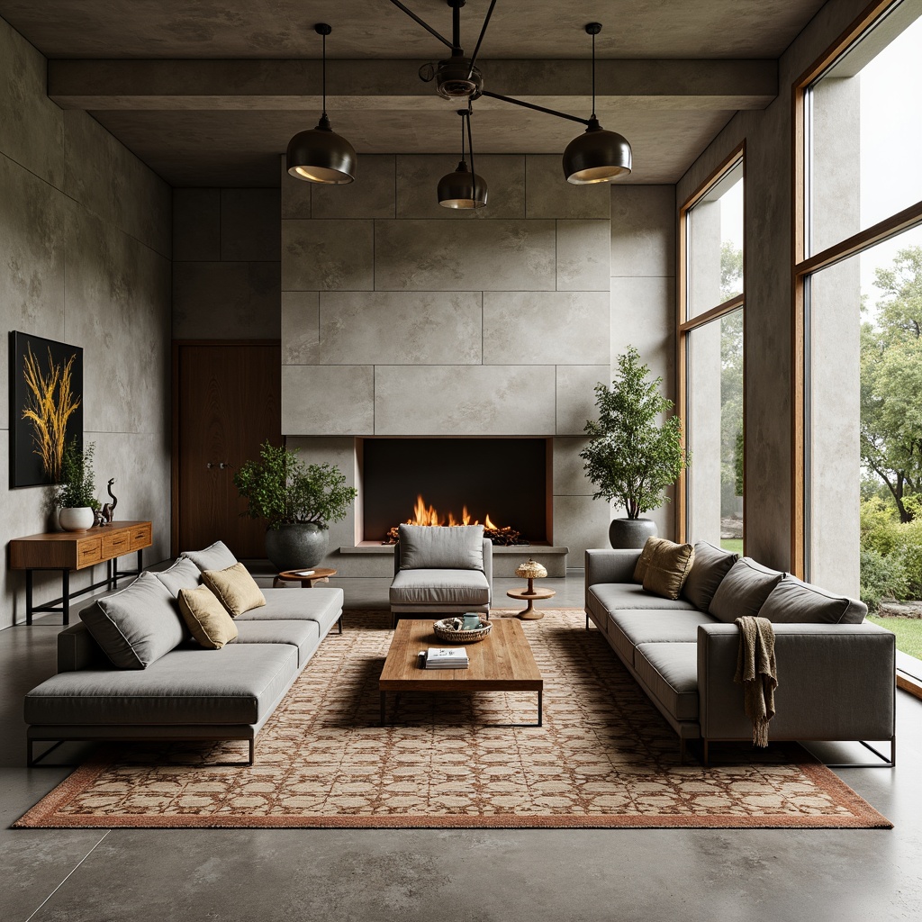 Prompt: Mid-century modern living room, sleek low-profile sofas, velvet upholstery, wooden coffee tables, minimalist metal legs, geometric patterned rugs, industrial chic pendant lights, natural stone walls, greenery accents, floor-to-ceiling windows, neutral color palette, soft warm lighting, shallow depth of field, 3/4 composition, realistic textures, ambient occlusion.