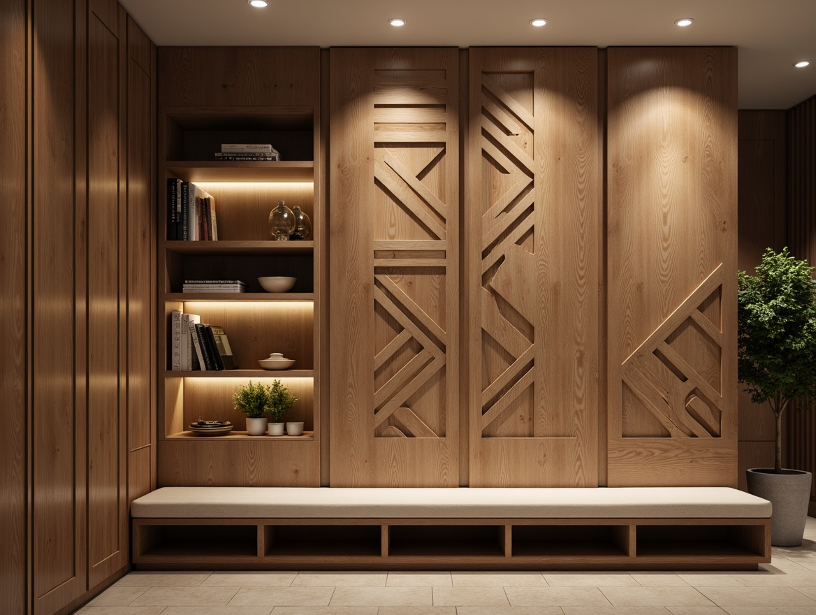 Prompt: Modern interior wall panels, geometric patterns, wooden textures, natural materials, earthy tones, minimalist design, functional storage solutions, concealed shelving, hidden compartments, ambient backlighting, soft warm glow, 3/4 composition, shallow depth of field, realistic rendering, high-resolution details.