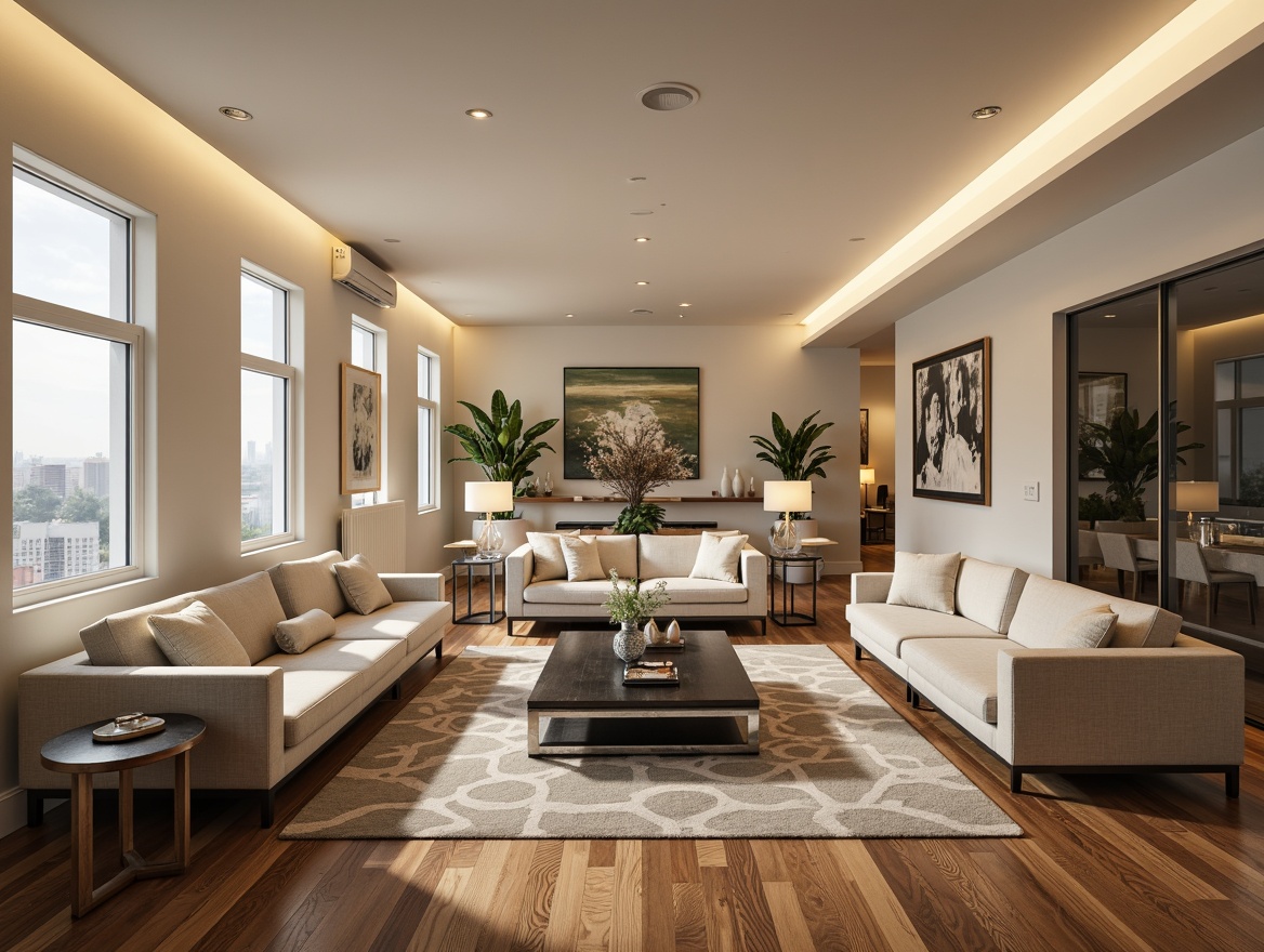 Prompt: Luxurious living room, polished chrome accents, metallic silver finishes, sleek modern furniture, low-profile sofas, minimalist coffee tables, geometric patterned rugs, ambient floor lamps, creamy white walls, rich wood flooring, subtle LED lighting, 1/1 composition, shallow depth of field, realistic reflections, softbox lighting, atmospheric ambiance.