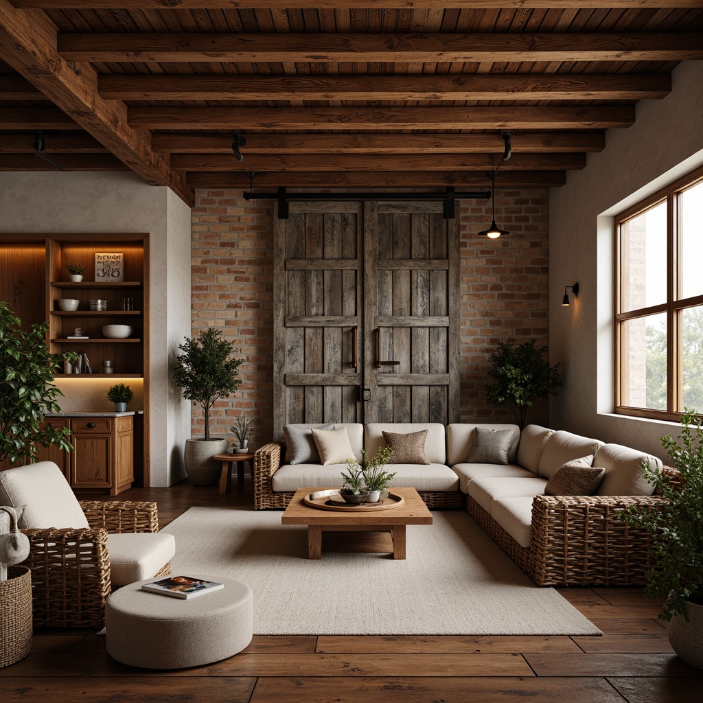 Prompt: Rustic wooden accents, reclaimed barn doors, distressed metal finishes, earthy terracotta tiles, natural stone walls, weathered brick facades, vintage industrial lighting, worn leather upholstery, woven wicker furniture, organic linen fabrics, rich wood grain patterns, warm candlelight ambiance, shallow depth of field, 1/1 composition, realistic textures, ambient occlusion.