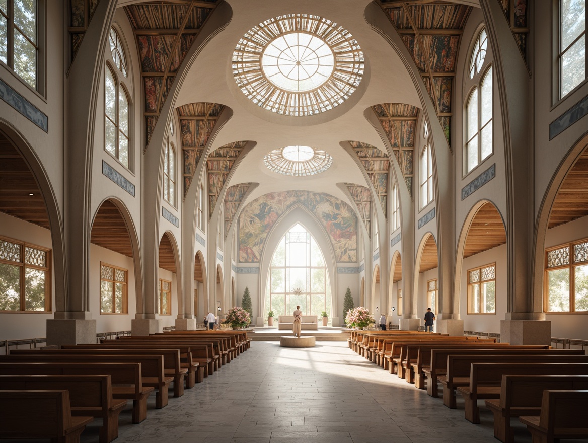 Prompt: Ethereal futuristic cathedral, grandiose domed ceilings, radiant natural light, stained glass windows, intricate mosaics, sacred symbols, minimalist pews, polished marble floors, ambient occlusion, soft warm lighting, shallow depth of field, 3/4 composition, panoramic view, realistic textures, subtle fog effects, misty atmosphere, futuristic organic architecture, curved lines, sweeping arches, celestial-inspired motifs, iridescent colors, holographic projections, immersive worship experiences.