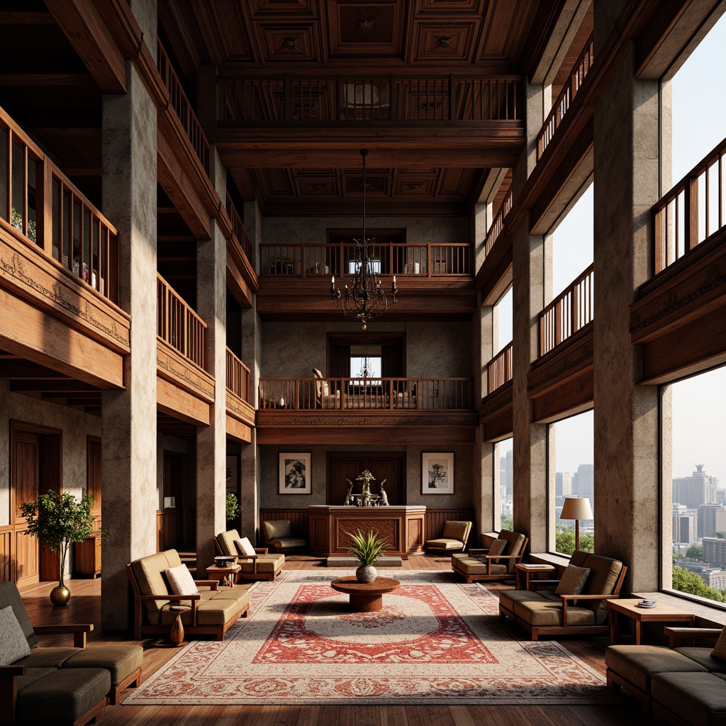 Prompt: \Traditional Asian-style courthouse, ornate wooden accents, intricately carved furniture, rich dark wood tones, luxurious silk upholstery, subtle golden hardware, majestic stone columns, high ceilings, natural light pouring in, soft warm lighting, 1/1 composition, realistic textures, ambient occlusion.\Let me know if you'd like me to generate another one!