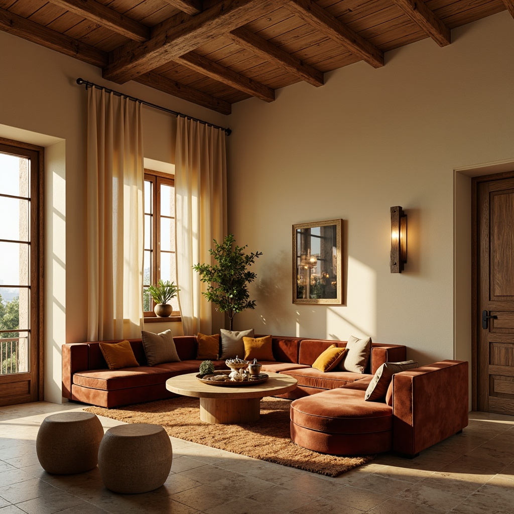 Prompt: Cozy living room, warm beige walls, rich walnut wood furniture, plush velvet sofas, soft golden lighting, calming earthy tones, natural stone flooring, elegant cream-colored curtains, subtle texture contrasts, inviting atmosphere, relaxing ambiance, warm color scheme, comforting decor, soothing mood, serene interior space.