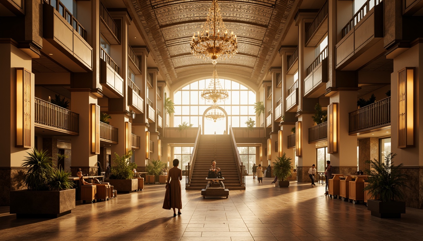 Prompt: Elegant airport terminal, art deco inspired chandeliers, ornate metalwork details, luxurious marble floors, grand staircase, sophisticated sconces, warm golden lighting, atmospheric fog effects, misty ambient atmosphere, vintage luggage carts, retro-style airline counters, ornamental ceiling patterns, geometric shapes, metallic accents, soft box lighting, 1/2 composition, symmetrical framing, dramatic shadows, realistic reflections.