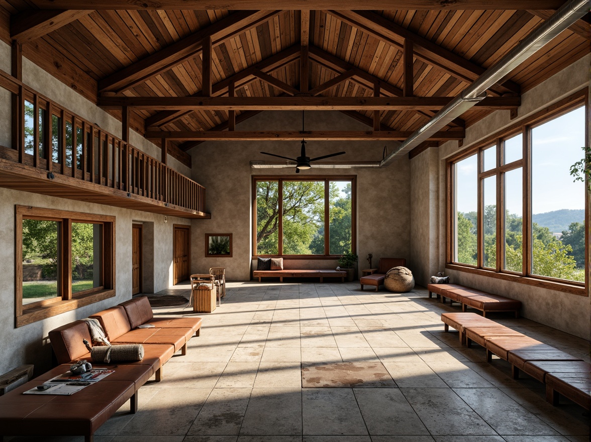 Prompt: Rustic farmhouse gymnasium, open space layout, reclaimed wood accents, exposed brick walls, metal beams, natural stone flooring, wooden bleachers, vintage sports equipment, distressed leather benches, earthy color palette, warm soft lighting, shallow depth of field, 1/1 composition, realistic textures, ambient occlusion, greenery views, rural landscape, rolling hills, blue sky, sunny day.