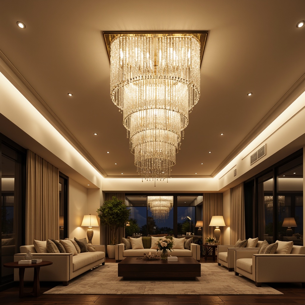 Prompt: Elegant chandelier, crystal droplets, polished metal frame, warm soft glow, luxurious ambiance, high ceiling, spacious living room, modern interior design, cream-colored walls, dark wood flooring, cozy atmosphere, table lamps, floor lamps, LED strips, ambient lighting, task lighting, accent lighting, dimmable fixtures, energy-efficient solutions, sleek minimalist profiles, sophisticated decorative elements.