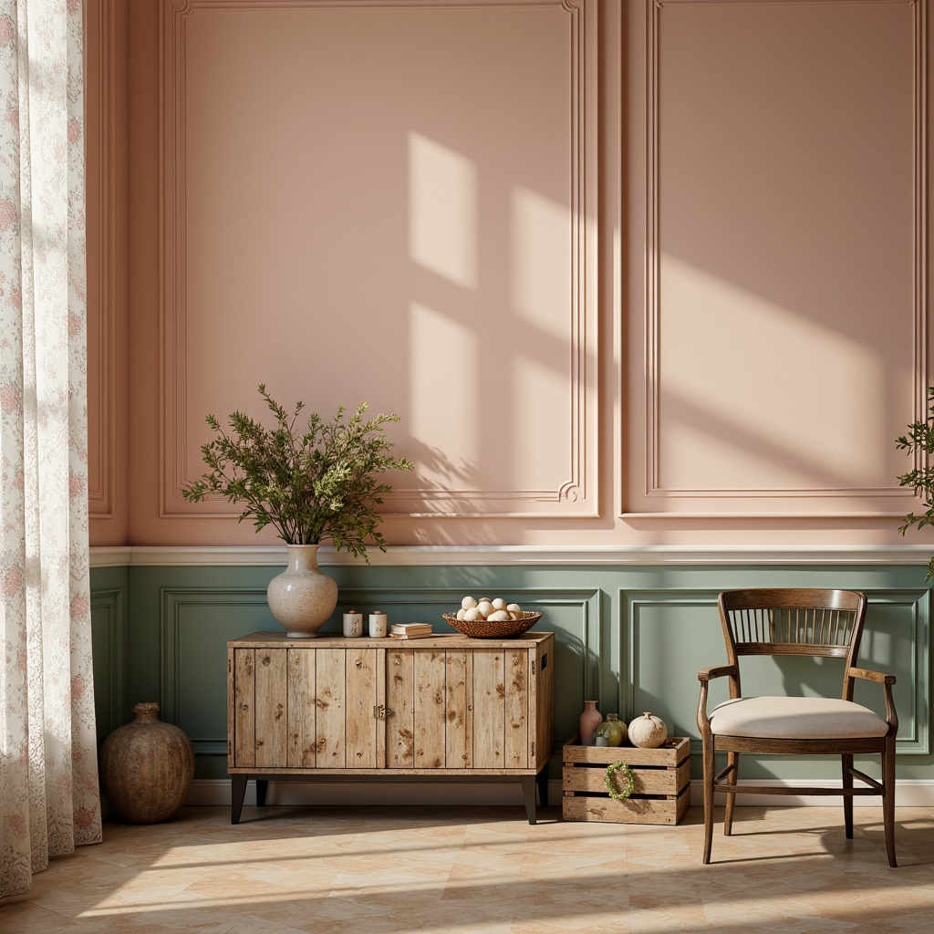 Prompt: Soft peach walls, distressed wood furniture, vintage floral patterns, lace curtains, rustic metal accents, warm beige floors, creamy white trim, delicate porcelain vases, pastel pink hues, muted turquoise shades, weathered wooden crates, ornate gold frames, romantic candlelight, soft focus, shallow depth of field, 1/1 composition, intimate atmosphere, gentle warm lighting.