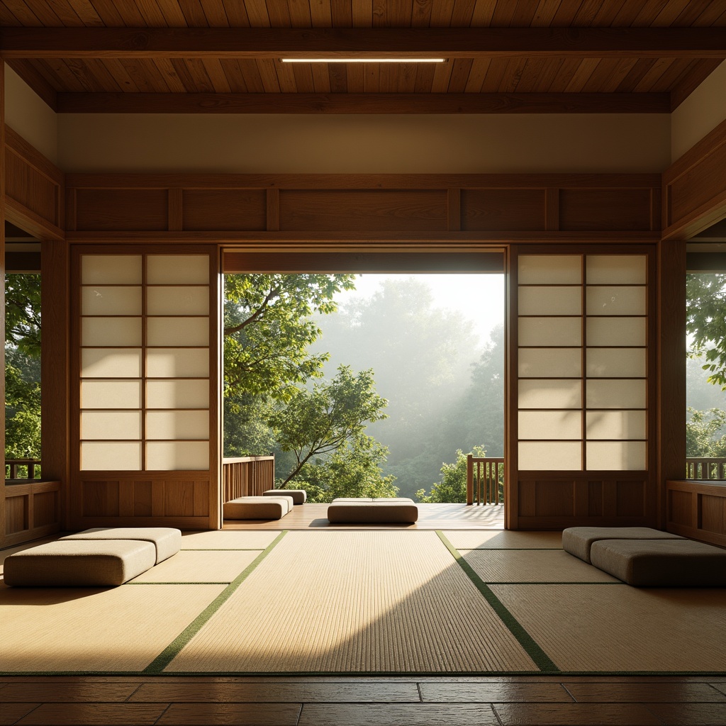 Prompt: Serenely lit Asian-style interior, natural wood accents, sliding shoji screens, traditional tatami mats, minimalist decor, low-seating areas, floor-to-ceiling windows, lush greenery views, subtle textures, warm beige tones, gentle indirect lighting, harmonious balance of yin and yang elements, asymmetrical composition, 2/3 rule application, cinematic atmosphere, atmospheric mist effect.