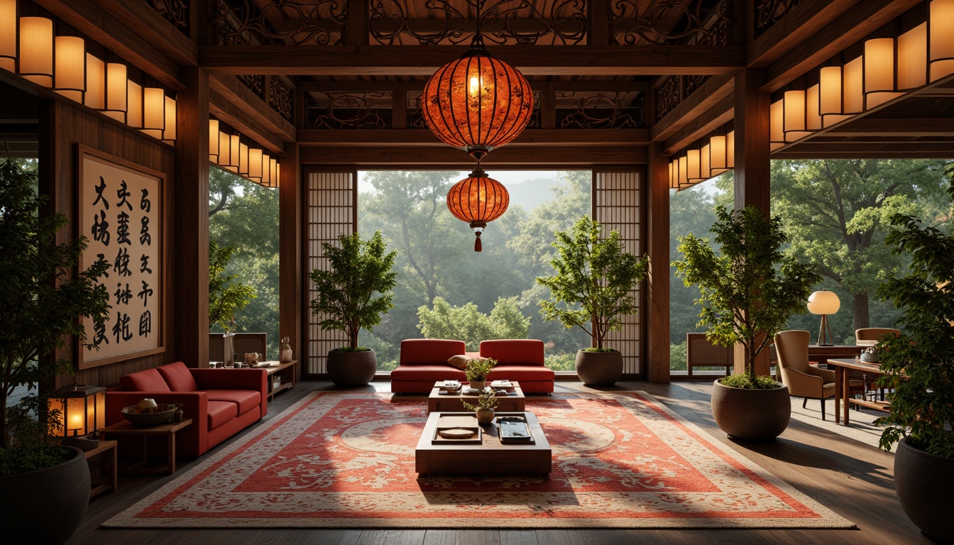 Prompt: Intricate wooden carvings, ornate lanterns, delicate paper lanterns, vibrant silk fabrics, lush greenery, bonsai trees, Japanese sliding doors, traditional Chinese calligraphy, elegant fans, hand-painted ceramics, intricately patterned rugs, natural stone accents, subtle lighting, warm ambient glow, shallow depth of field, 1/1 composition, intimate atmosphere, serene ambiance.