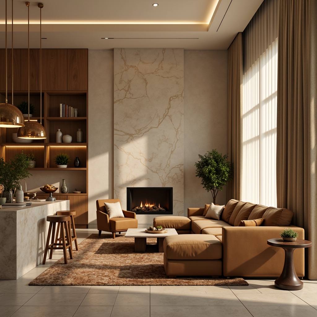 Prompt: Cozy living room, warm beige walls, rich wood furniture, soft velvet sofas, golden lighting fixtures, creamy marble countertops, earthy brown carpets, lush greenery, natural stone fireplaces, modern minimalist decor, calm atmosphere, soft warm lighting, shallow depth of field, 3/4 composition, realistic textures, ambient occlusion.