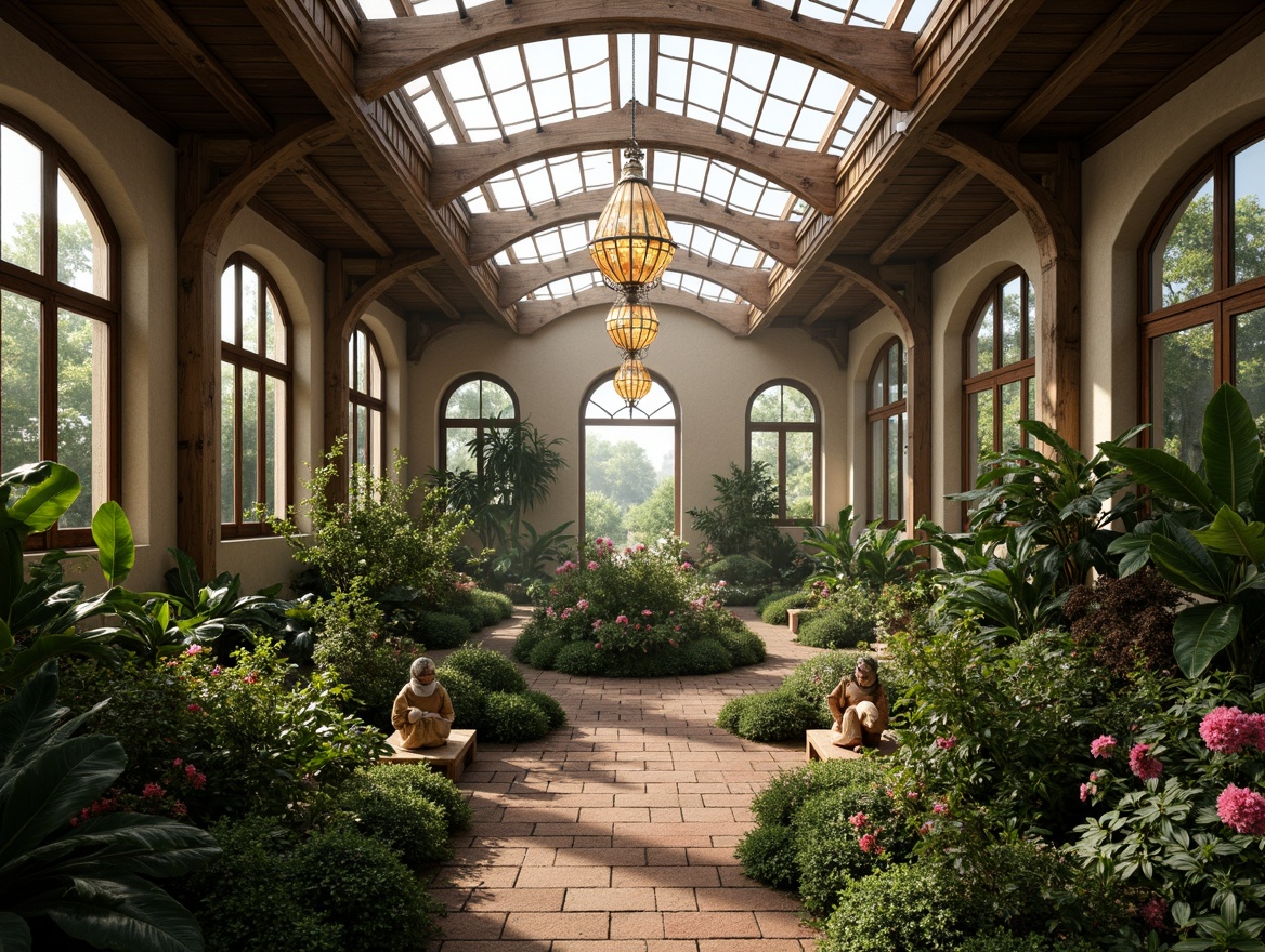 Prompt: Grandiose greenhouse, Renaissance-inspired architecture, lush tropical plants, natural stone walls, arched windows, ornate metalwork, soft warm lighting, dappled shade, misty atmosphere, dew-kissed leaves, vibrant greenery, delicate florals, intricate wooden beams, rustic brick flooring, warm earth tones, elegant chandeliers, ambient occlusion, shallow depth of field, 1/1 composition, realistic textures.