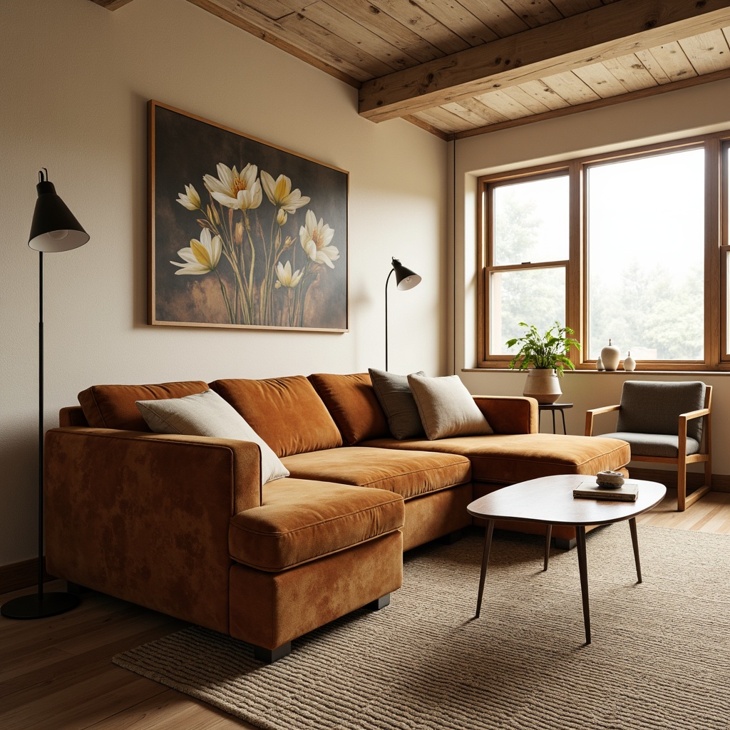 Prompt: Mid-century modern sofa, velvet upholstery, wooden legs, minimalist coffee table, industrial metal chairs, reclaimed wood accents, natural fiber rugs, warm beige walls, large windows, soft diffused lighting, 3/4 composition, shallow depth of field, realistic textures, ambient occlusion.