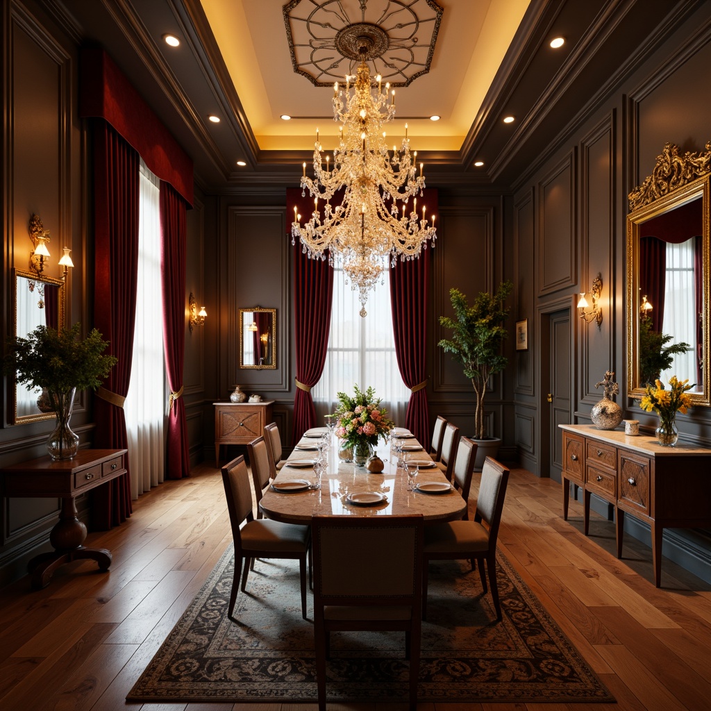 Prompt: Elegant dining room, luxurious velvet curtains, crystal chandelier, wooden floorboards, refined marble tabletops, upholstered chairs, soft golden lighting, intimate ambiance, ornate mirrors, decorative wall art, classic furniture silhouettes, rich wood tones, lavish fabrics, subtle patterns, sophisticated color palette, 1/1 composition, dramatic shading, realistic reflections.