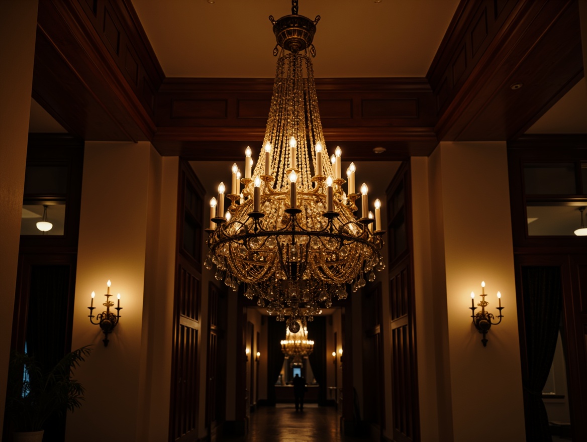 Prompt: Elegant chandelier, ornate metalwork, crystal droplets, refined candlelight, soft warm glow, traditional lanterns, bronze accents, vintage sconces, grand entranceways, high ceilings, wooden paneling, rich textiles, subtle shadows, ambient illumination, warm color temperature, symmetrical composition, balanced proportions, classic columns, architrave details, ornate moldings.