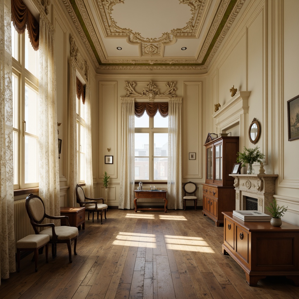 Prompt: Vintage public administration building, distressed wood accents, soft pastel colors, cream-colored walls, ornate moldings, antique furniture pieces, lace curtains, floral patterns, gentle natural light, warm beige tones, rustic wooden floors, aged metal hardware, subtle vintage textures, 1/2 composition, intimate atmosphere, soft focus effect, realistic materials.