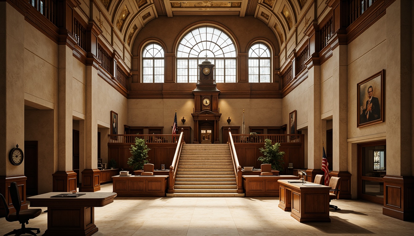 Prompt: Historic courthouse building, traditional neoclassical architecture, grand entrance staircase, ornate columns, rich wood tones, earthy brown stones, solemn atmosphere, natural light pouring in through stained glass windows, warm beige walls, cream-colored marble floors, dignified courtroom settings, judge's bench, wooden desks, leather-bound books, vintage clock tower, subtle golden accents, majestic dome structure, symmetrical composition, formal tone, realistic textures, ambient occlusion.