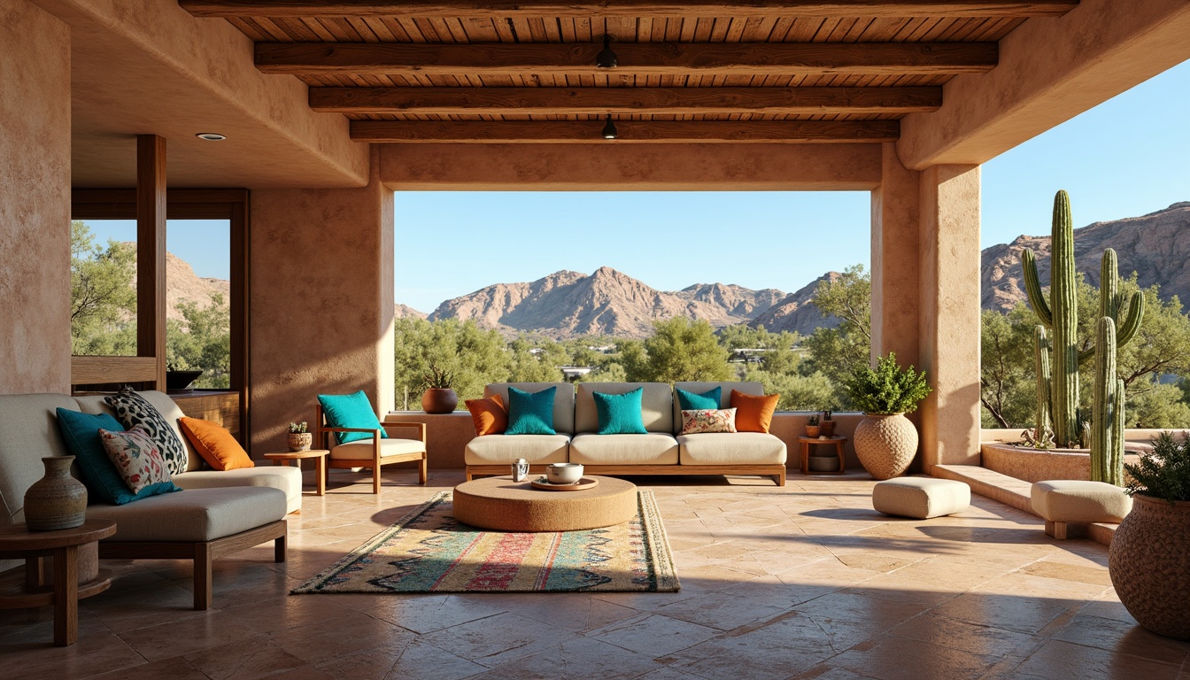 Prompt: Vibrant turquoise accents, earthy adobe architecture, rugged desert landscape, cacti and succulents, warm sandy tones, intricate Native American patterns, woven Navajo rugs, geometric tile designs, natural fiber upholstery, rustic wooden furniture, floor-to-ceiling windows, panoramic views, soft diffused lighting, 3/4 composition, shallow depth of field, realistic textures, ambient occlusion.