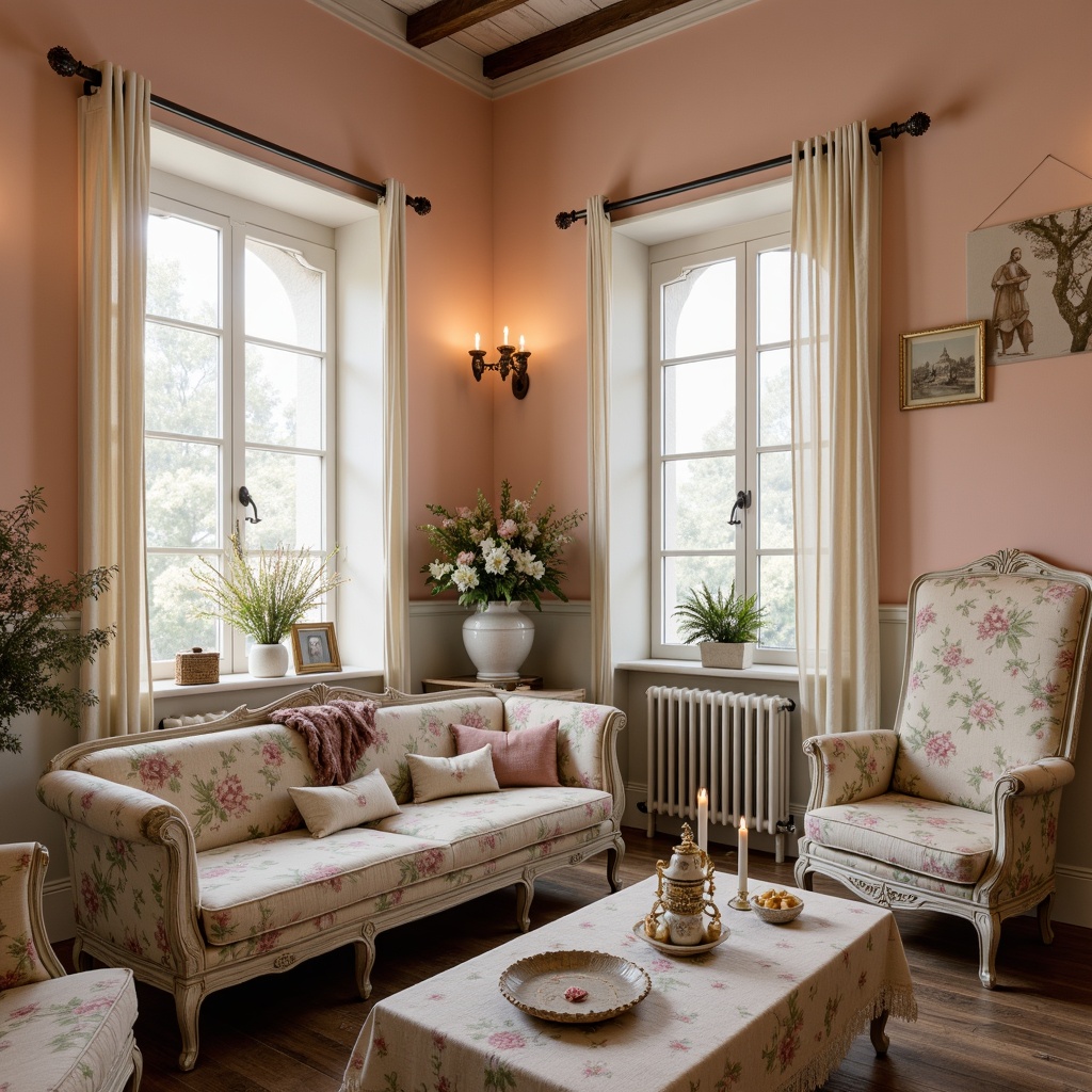 Prompt: Soft peach walls, distressed wood furniture, vintage floral patterns, lace curtains, linen fabrics, muted pastel hues, creamy whites, weathered wooden floors, ornate metal fixtures, porcelain vases, antique decor, warm candlelight, shallow depth of field, 1/1 composition, cozy atmosphere, romantic ambiance, natural textures, soft focus.