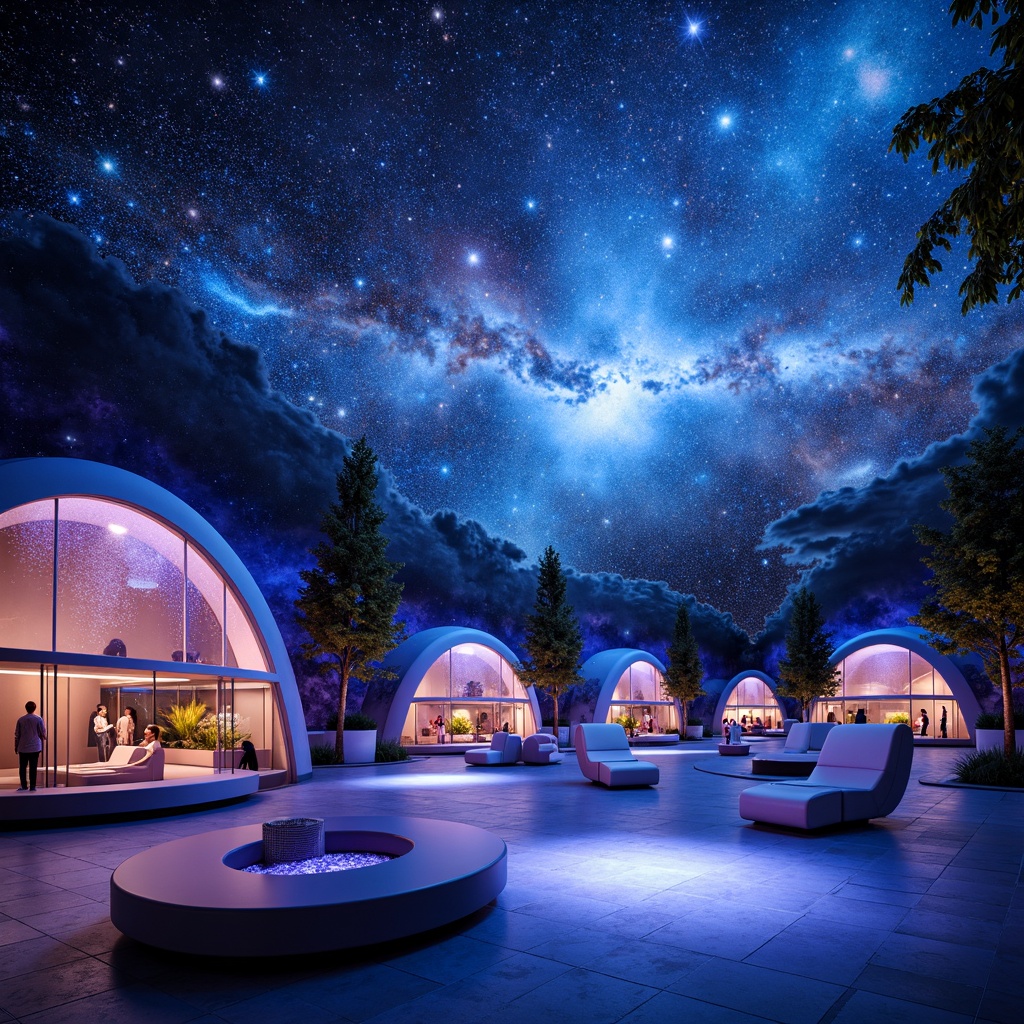 Prompt: Cosmic planetarium, expressionist architecture, vibrant starry night sky, nebula-inspired ceiling, dark blues and purples hues, twinkling string lights, fiber-optic constellation displays, LED floor lighting, luminescent walls, futuristic pods, spherical seating areas, ambient glow, soft misty atmosphere, 3D projection mapping, immersive experiences, cinematic sound design, panoramic views, abstract geometric shapes, iridescent materials, shimmering fabrics, dreamlike ambiance, surreal landscapes.