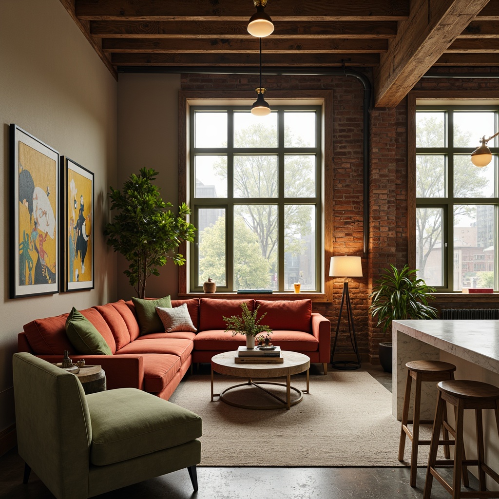 Prompt: Vibrant living room, warm beige walls, rich walnut wood furniture, plush velvet sofas, golden lighting fixtures, creamy marble countertops, soft sage green accents, natural linen textures, airy floor-to-ceiling windows, urban loft atmosphere, industrial chic decor, distressed metal elements, exposed brick walls, eclectic art pieces, moody atmospheric colors, dramatic shadows, high-contrast lighting, 1/1 composition, cinematic mood.