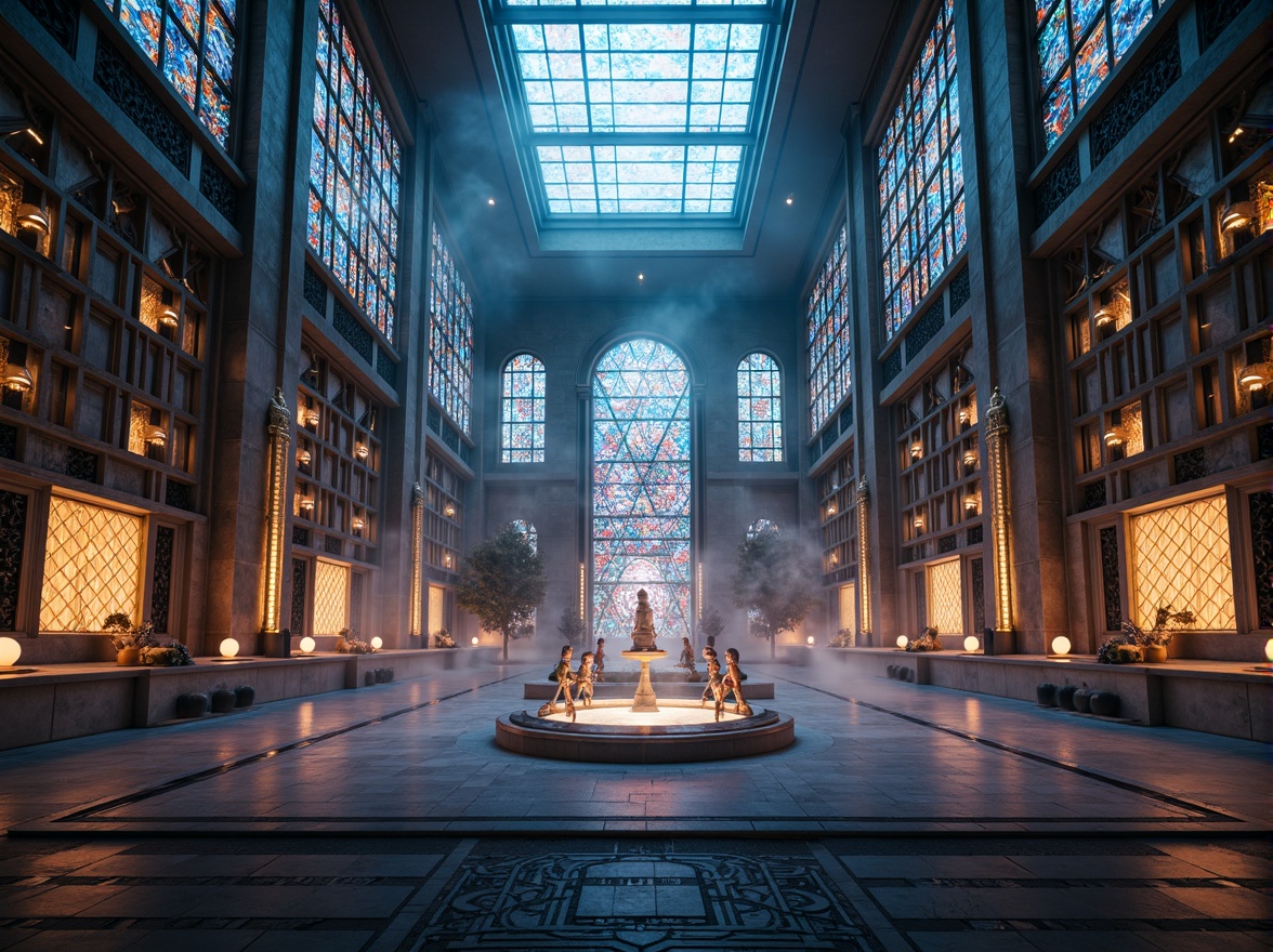 Prompt: Futuristic temple, intricately carved stone walls, metallic accents, iridescent stained glass windows, glowing ethereal lighting, holographic projections, sacred geometrical patterns, ornate ceremonial altars, levitating prayer platforms, misty atmospheric effects, soft pulsing luminescence, 3D-printed intricate latticework, reflective mirror-like surfaces, gleaming chrome accents, eerie ambient soundscape, dramatic low-angle shots, cinematic lighting, futuristic neon hues, cyberpunk-inspired details.