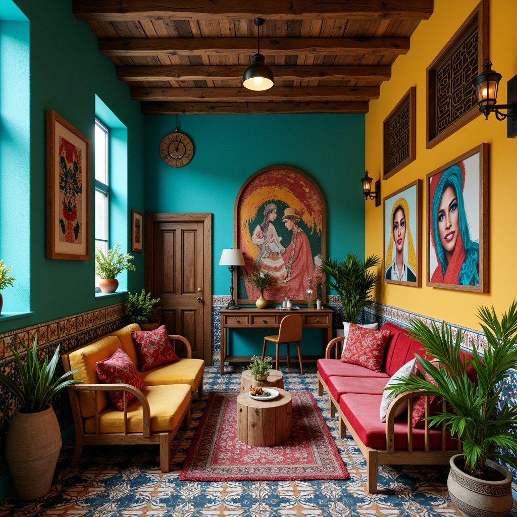 Prompt: Vibrant eclectic interior, bold color blocking, rich turquoise walls, warm golden accents, distressed wooden furniture, plush velvet upholstery, abstract geometric patterns, Moroccan-inspired tiles, eclectic art pieces, vintage decorative items, rustic metal fixtures, soft candlelight, shallow depth of field, 1/2 composition, cinematic lighting, realistic textures.