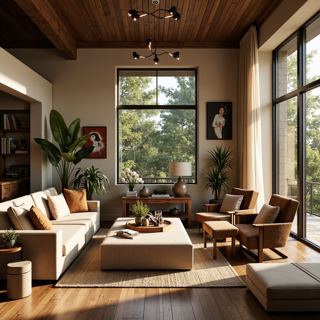 Prompt: Cozy living room, plush sofas, velvet armchairs, oversized ottomans, soft cushions, warm beige walls, dark wood flooring, rustic coffee tables, pendant lighting, natural fiber rugs, earthy color palette, intimate conversation areas, comfortable reading nooks, floor-to-ceiling windows, lush greenery views, warm sunny day, softbox lighting, shallow depth of field, 2/3 composition, realistic textures, ambient occlusion.