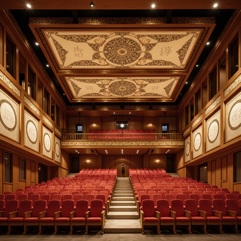 Prompt: Elegant Asian-style auditorium, intricately carved wooden panels, richly patterned silk fabrics, subtle lighting fixtures, refined acoustic designs, precision-crafted sound diffusers, tiered seating arrangements, plush crimson seats, ornate golden accents, curved lines, cultural heritage-inspired motifs, warm beige tones, soft box lighting, 1/2 composition, cinematic perspective, realistic reflections, ambient occlusion.