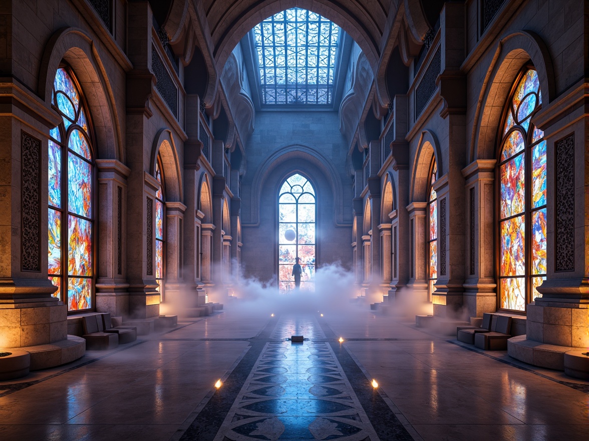 Prompt: Futuristic temple, intricately textured stone walls, metallic accents, iridescent stained glass windows, gleaming chrome details, holographic frescoes, luminescent mosaics, undulating archways, sacred geometries, ethereal ambiance, soft pulsing lights, atmospheric fog, shallow depth of field, 1/2 composition, symmetrical framing, vibrant color grading, realistic reflections, ambient occlusion.