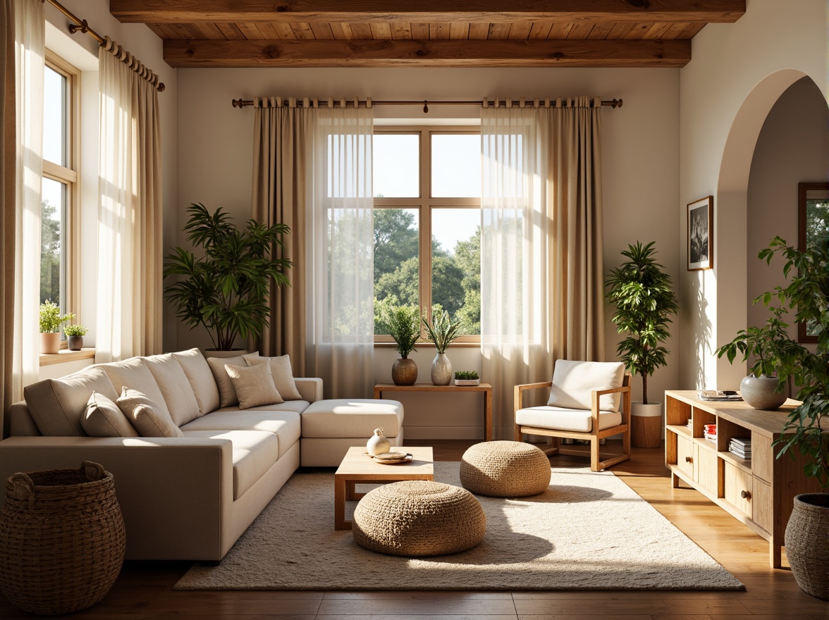 Prompt: Cozy living room, plush sofas, soft cushions, warm beige tones, natural wood accents, comfortable ottomans, inviting armchairs, floor lamps, table lamps, softbox lighting, shallow depth of field, 2/3 composition, relaxed atmosphere, calming color palette, textured rugs, woven baskets, greenery, potted plants, fresh flowers, warm afternoon sunlight, gentle shadows.