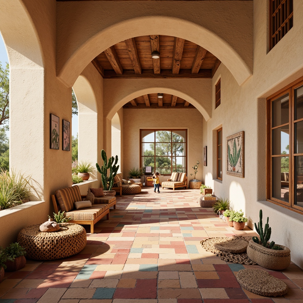 Prompt: Vibrant kindergarten, southwestern architecture, adobe-inspired walls, textured earthy stucco, colorful ceramic tiles, geometric patterned rugs, woven wicker furniture, natural wood accents, desert botanical prints, playful cactus sculptures, warm sandy beige color scheme, cozy reading nooks, soft diffused lighting, shallow depth of field, 1/1 composition, realistic textures, ambient occlusion.