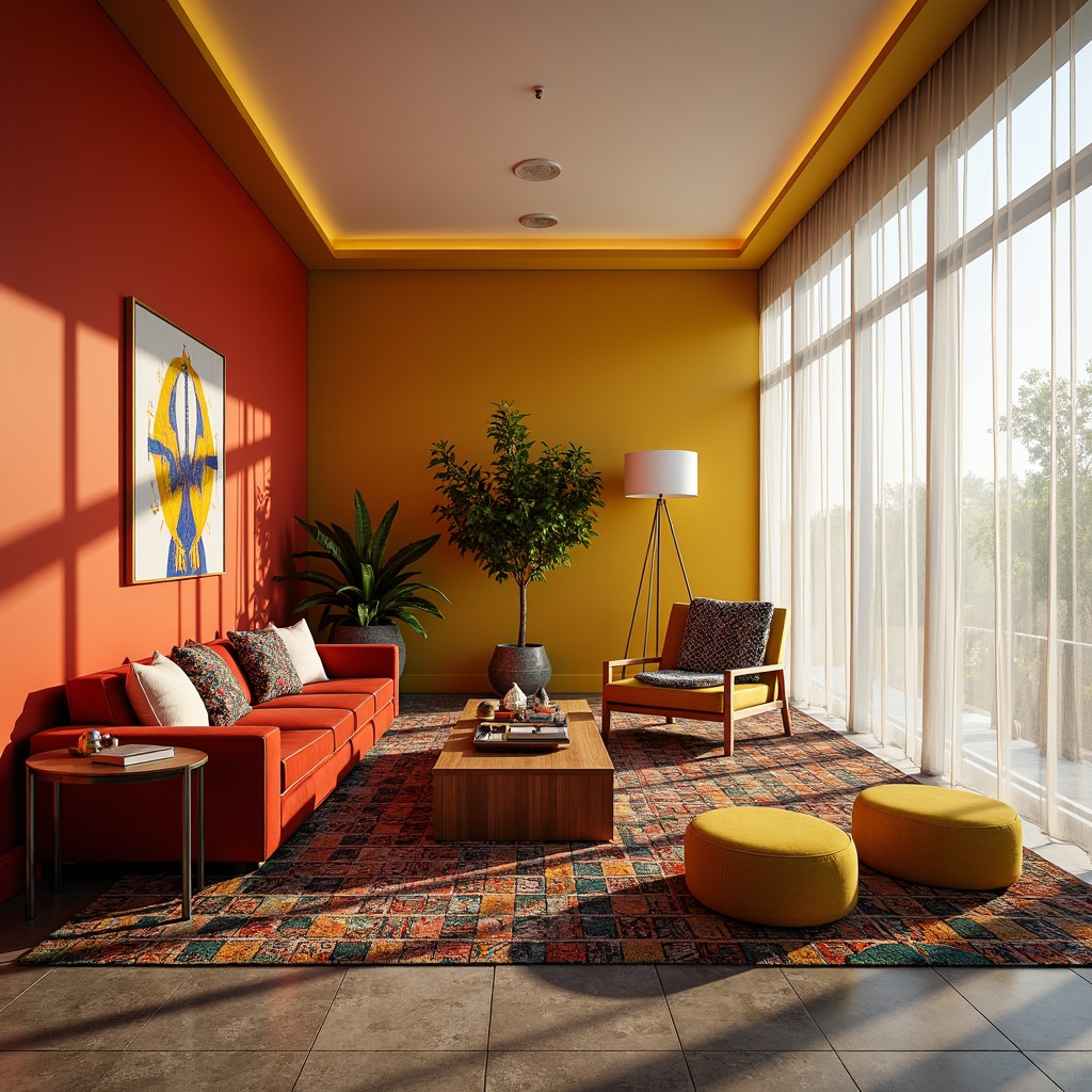 Prompt: Vibrant living room, bold accent walls, warm golden lighting, plush velvet sofas, rich wood coffee tables, colorful Moroccan-inspired tiles, geometric patterned rugs, modern abstract artwork, bright yellow ottomans, sleek chrome lamp fixtures, airy floor-to-ceiling windows, sheer white curtains, natural stone flooring, cozy throw blankets, 1/2 composition, shallow depth of field, soft warm lighting.