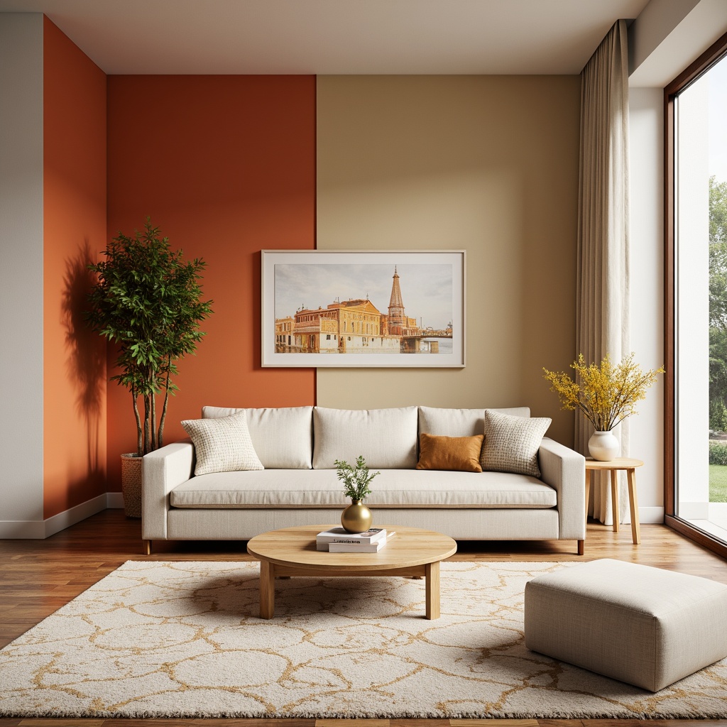 Prompt: Vibrant living room, bold accent walls, warm beige furniture, rich wood tones, creamy whites, soft pastel hues, metallic gold accents, natural textiles, plush area rugs, modern minimalist decor, cozy reading nook, floor-to-ceiling windows, abundant natural light, subtle gradient effects, 1/1 composition, shallow depth of field, realistic renderings.