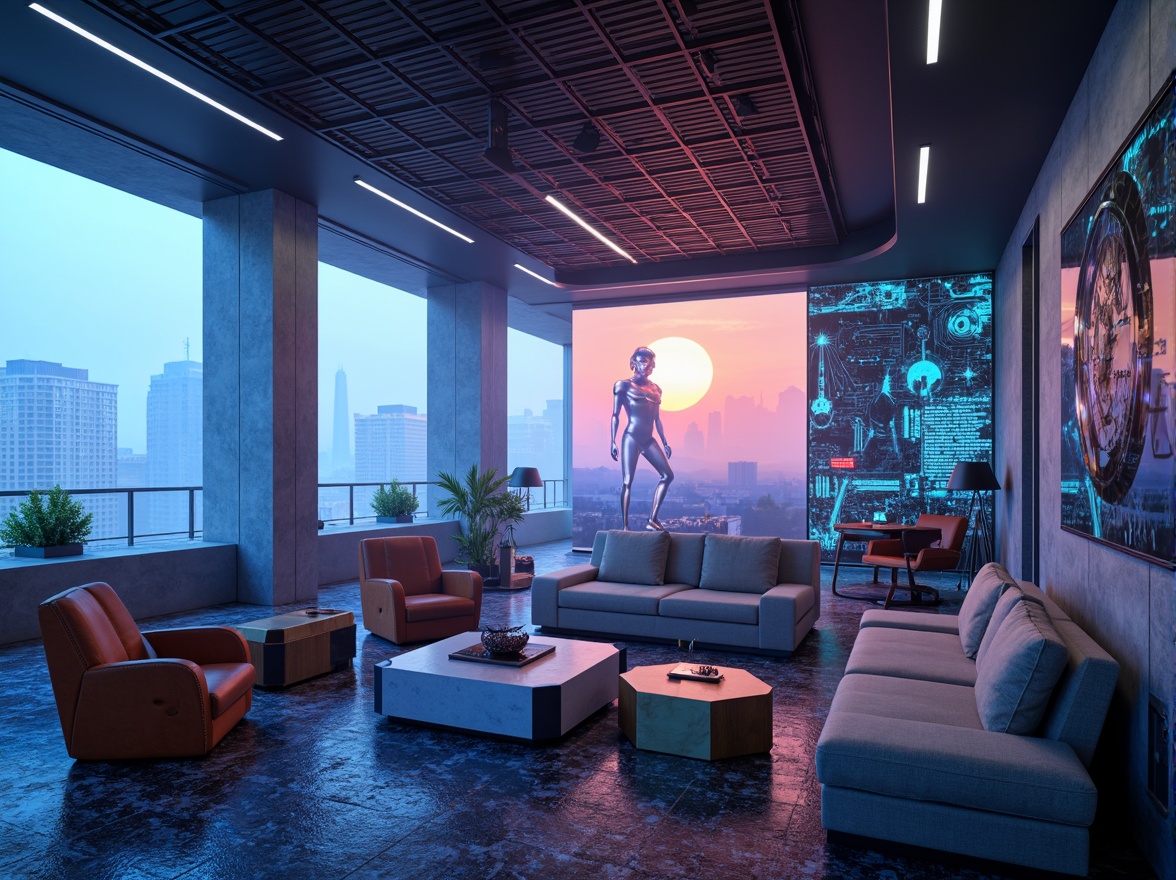 Prompt: Futuristic living room, metallic accents, neon color scheme, sleek lines, minimalist decor, levitating furniture, holographic displays, smart home technology, ambient lighting, 3D-printed decorative elements, virtual reality integration, glass tables, futuristic chairs, angular sofas, LED flooring, programmable walls, cyberpunk-inspired artwork, urban cityscape views, atmospheric fog effects, shallow depth of field, cinematic composition.