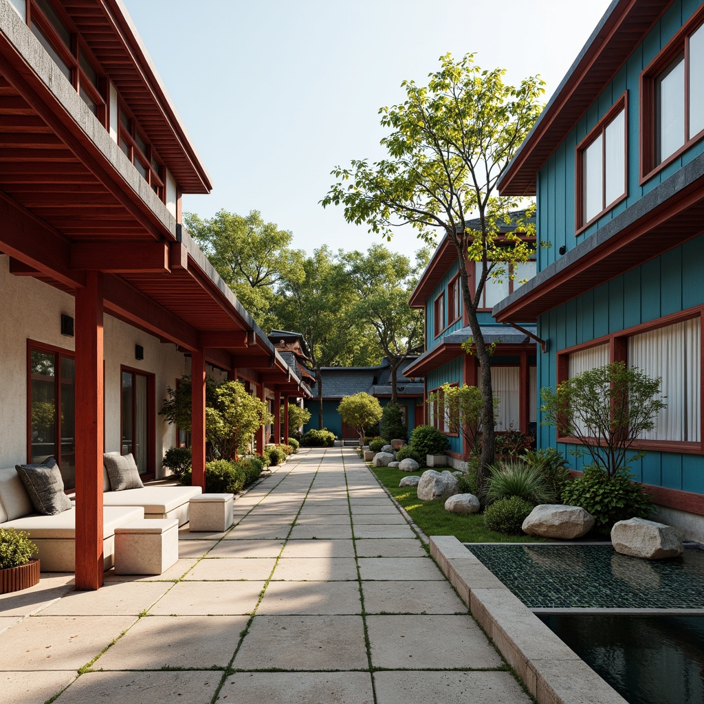 Prompt: Vibrant red accents, deep blue roofs, creamy white walls, natural wood tones, subtle gold trim, calming green courtyards, serene water features, delicate cherry blossom patterns, traditional Japanese lanterns, modern minimalist furnishings, ample natural light, warm beige stone pathways, lush greenery, cultural symbolic motifs, harmonious Feng Shui design, balanced yin-yang composition.