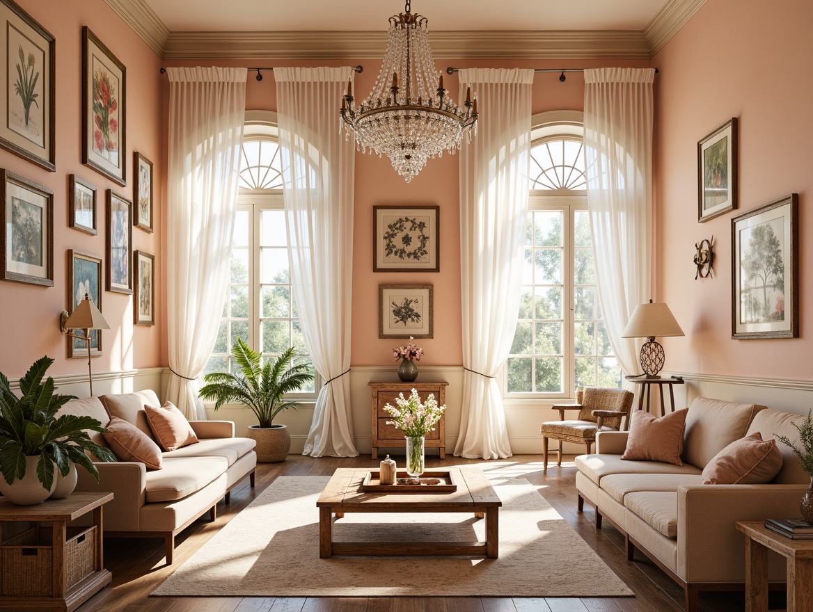 Prompt: Soft peach tones, distressed wood accents, vintage metal fixtures, lace curtains, floral patterns, pastel hues, warm beige walls, ornate furniture, crystal chandeliers, subtle weathering effects, natural textiles, elegant typography, creamy whites, pale blues, rose gold details, delicate filigree, rustic wooden floors, sun-drenched atriums, airy open spaces, romantic ambient lighting, 1/2 composition, shallow depth of field, warm soft focus.