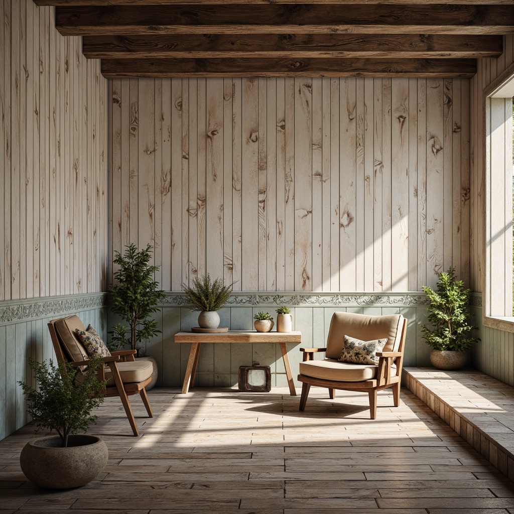 Prompt: Distressed wooden planks, vintage-inspired tiles, soft pastel hues, worn stone surfaces, antique-finished hardwood floors, rustic wooden beams, faded floral patterns, distressed metal accents, distressed velvet textures, warm candlelight, 1/2 composition, shallow depth of field, realistic wood grain, ambient occlusion.