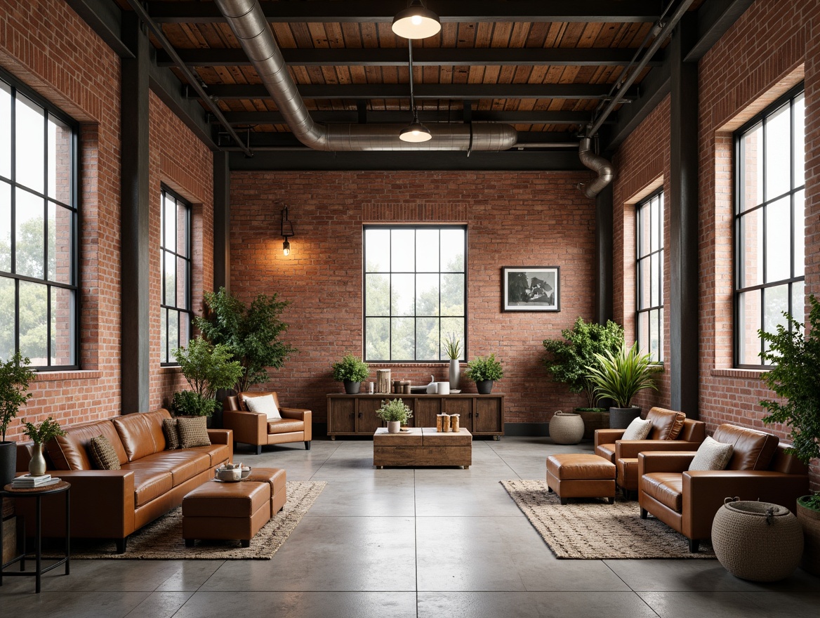 Prompt: Industrial warehouse backdrop, exposed brick walls, metal beams, polished concrete floors, reclaimed wood accents, rustic metal lighting fixtures, vintage factory windows, distressed leather furniture, earthy color palette, natural textiles, abundant daylight, soft warm lighting, shallow depth of field, 3/4 composition, panoramic view, realistic textures, ambient occlusion.